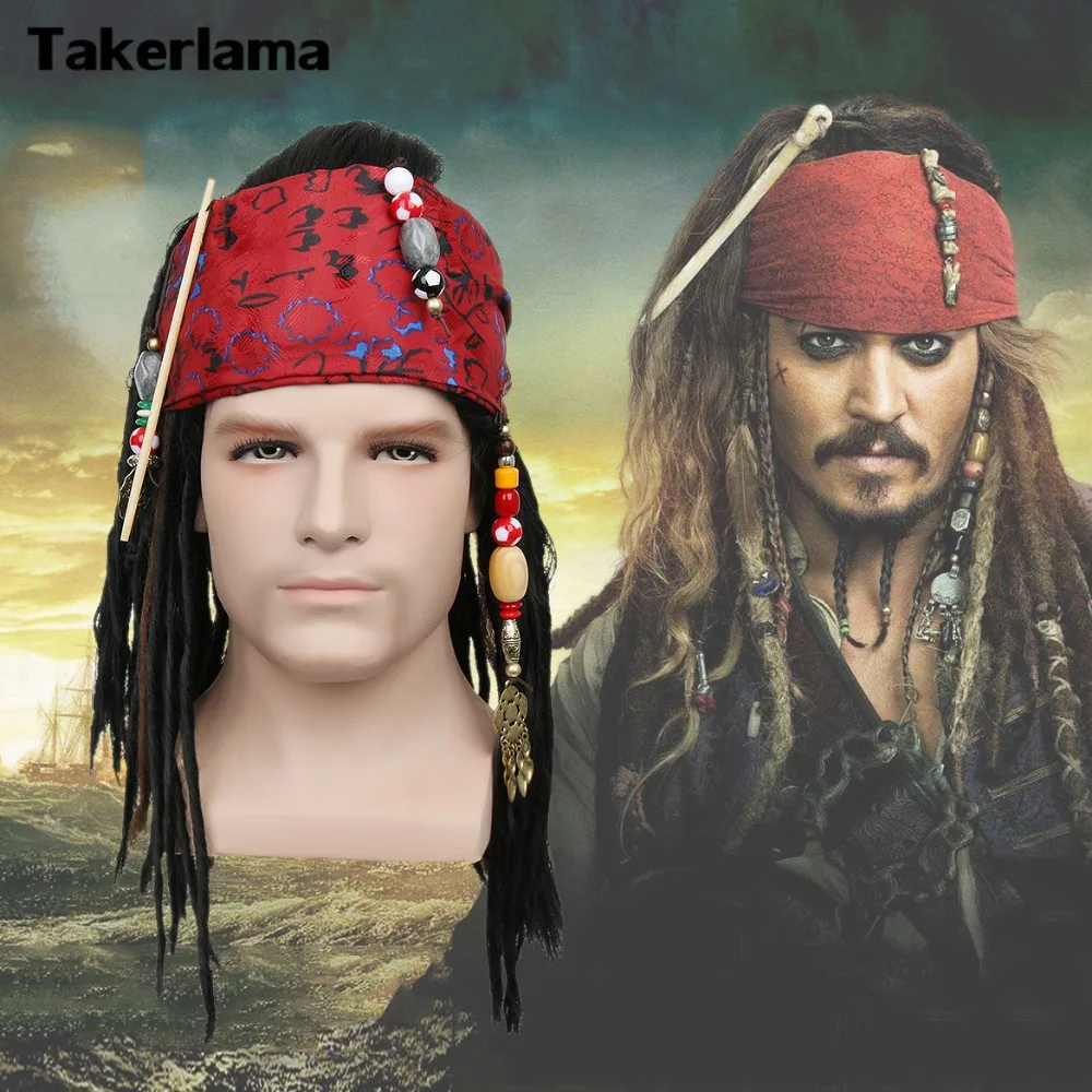 

Takerlama Pirates of The Caribbean Pirate Captain Wig Exact Wig Bandana Dreadlock DLX Jack Sparrow Wig Hat Cosplay Costume