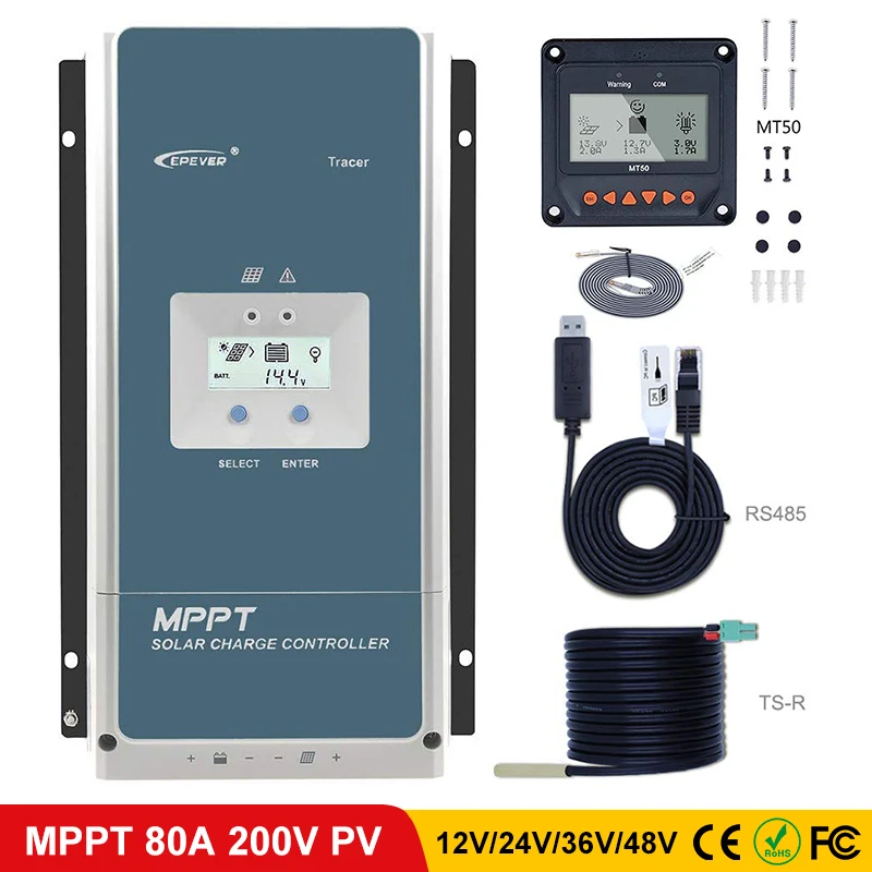 

EPever 80amp MPPT Solar Charge Controller 48V/36V/24V/12V Negative Ground Backlight LCD Max 200V PV VOC Input Regulator