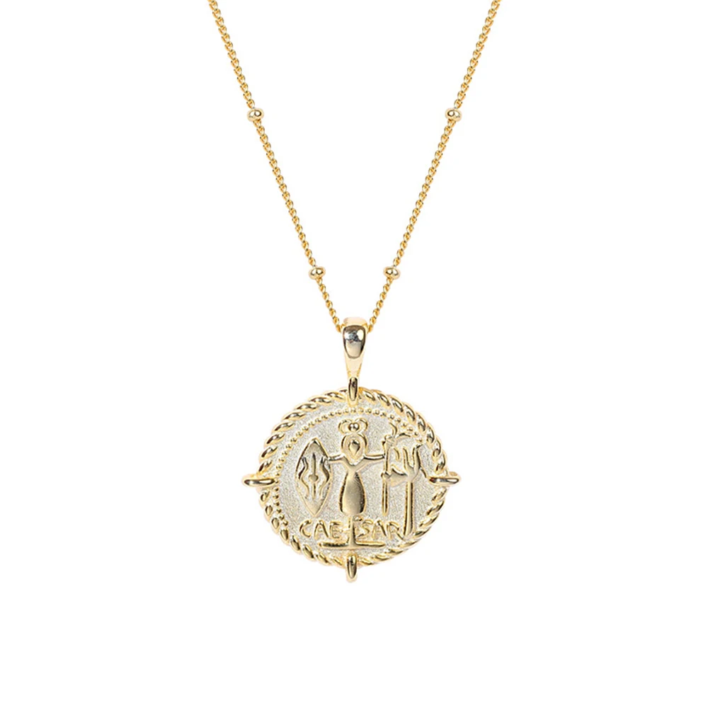 

Trendy Style Women 925 Sterling Silver Fine Jewelry Vintage Round Medal Portrait Roman Coin Necklace with Bead Satellite Chain