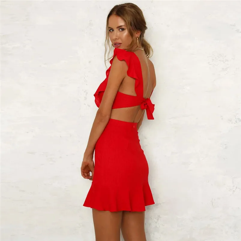 2018 HOT sell Dress summer beach dress Women Solid Short Sleeve Ruffles Backless Hollow Out Beach Boho Mini Dress vestido J08#N (3)