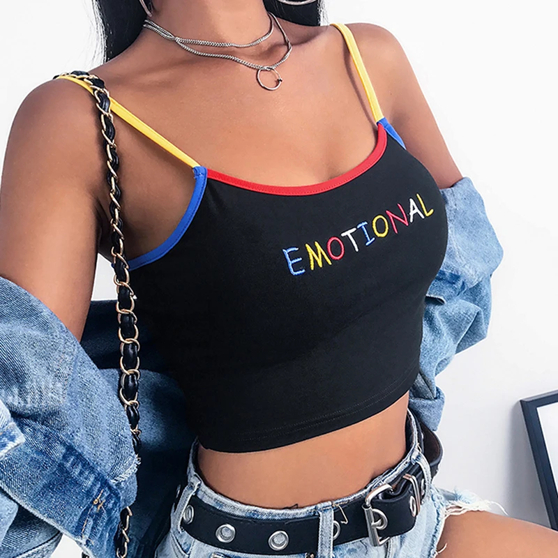 

2019 Summer Women Crop Top Sexy EMOTIONAL Letter Embroidery Tank Tops Cropped Ladies Spaghetti Strap Elastic Blouseole