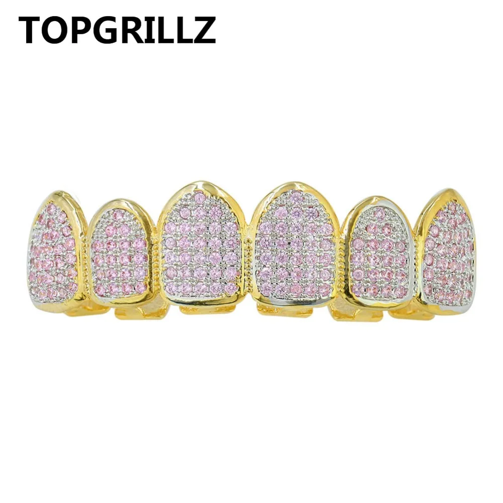 TOPGRILLZ пользовательский подходит Золотой цвет розовый микро проложить кубический циркон верхние и нижние зубы Grillz хип-хоп золотые грили для Рождественский подарок