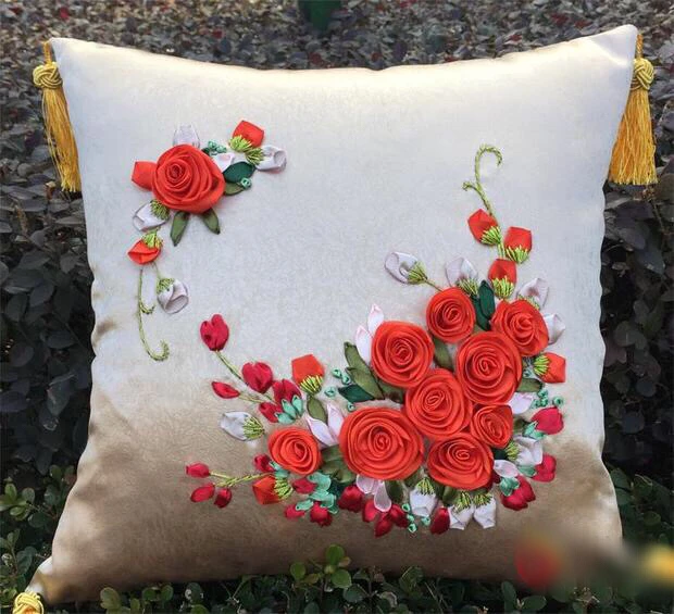 Набор для вышивки лентами и подушек с красными розами 1 шт. 40х40 см|ribbon embroidery kits diy|diy embroiderydecorative decorative |