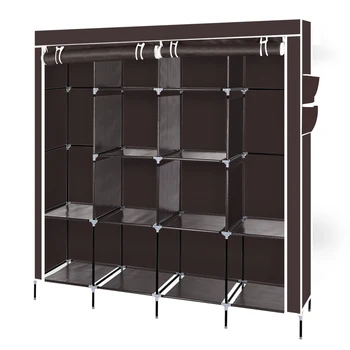 

67" Clothes Closet Portable Wardrobe Clothes Storage Rack 12 Shelves 4 Side Pockets Dark Brown