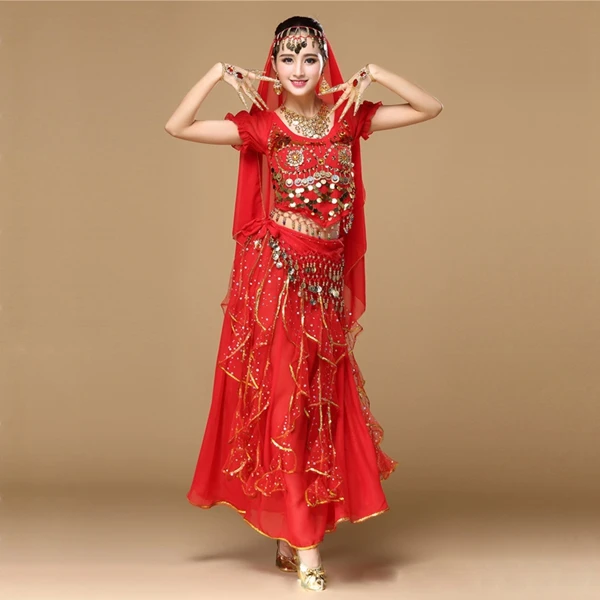 6 цветов доступны индийский костюм для женщин танцевальная одежда сари набор костюма для танца живота 8 шт. Индийские танцы Болливуд костюмы юбка наряды - Цвет: Red