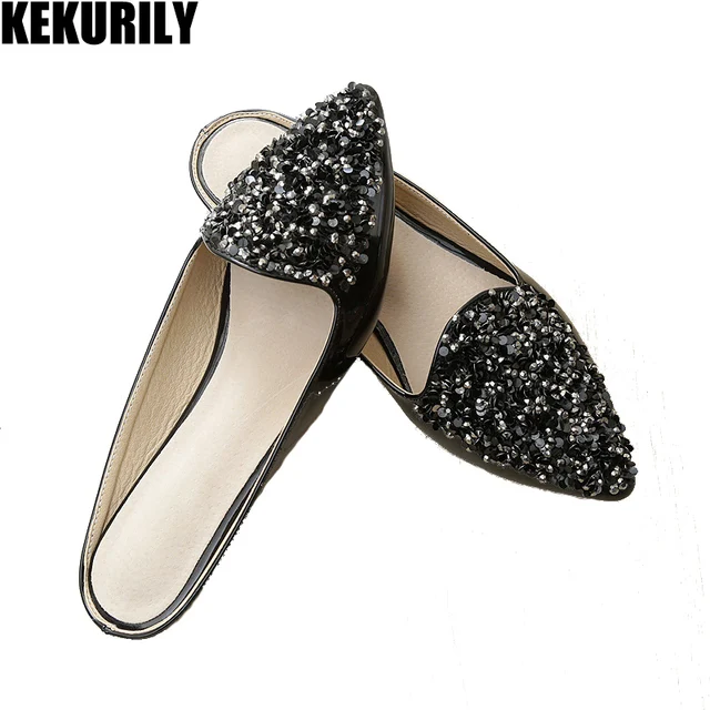 Shoes woman pointed toe slides rhinestone mules ladies flats slippers Patent leather sandals big size white black