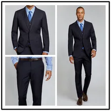 Одежда высшего качества шерсть одноцветное темно-Нотч Двойной Vent две кнопки из трех предметов европейский стиль мужской костюм