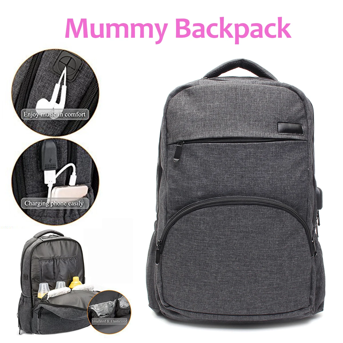 

Outdoor Mummy Bag Backpack With USB Charging Port Baby Nursing Diaper Bag Changing Backpack Sundries Storage Bag with Pad/Sleeve