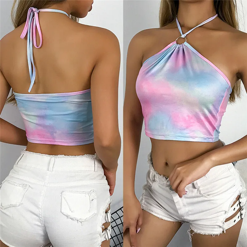Free shipping Fashion Womens Sexy Tie-dye Hang Neck Strappy Crop Top Sleeveless Tank