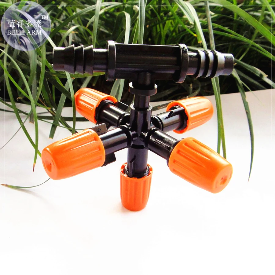 BELLFARM 2PCS Spray Atomizing Nozzle with Three-way Joint for 8/11mm pvc hose, Garden Cross Atomizer Single Outlet Nozzle E4258