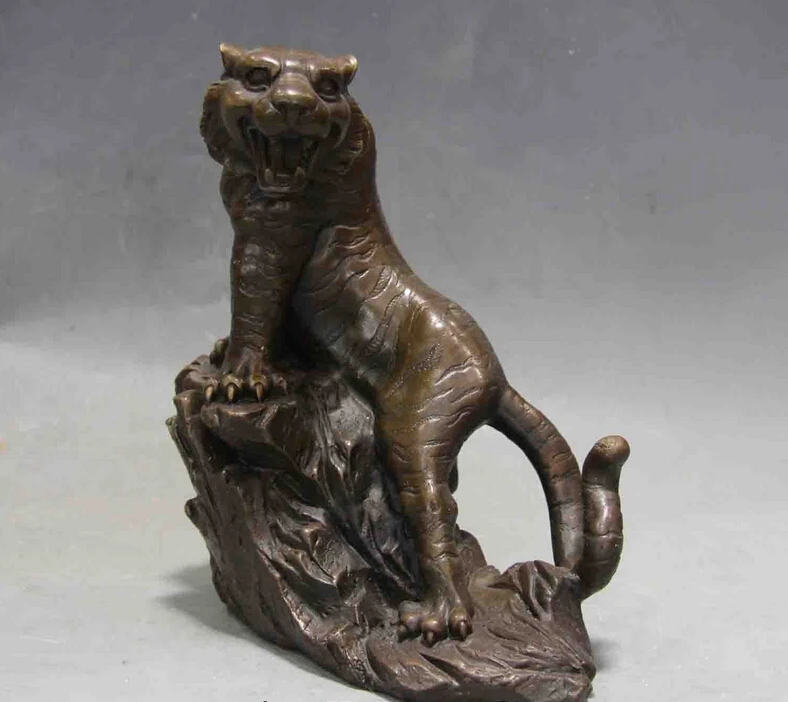 

Folk Copper Bronze Feline animal ferocious tiger on mountain Chinese Art Statue