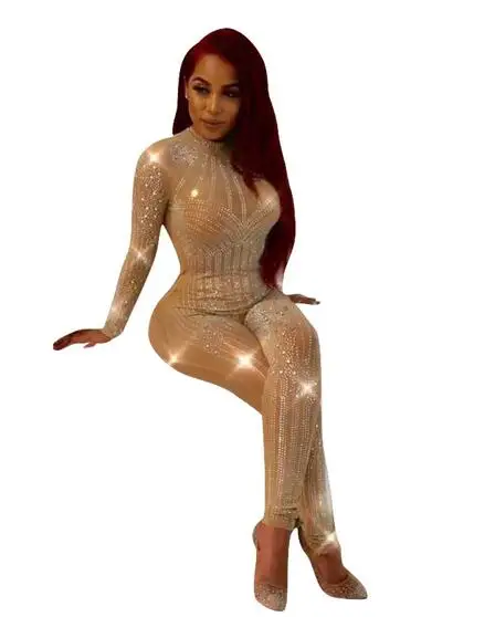 

2019 New Sexy Bodycon Costume O-neck Lace Women Jumpsuits Solid Elegant Sequined Sexy Ladies Club Rompers DC631