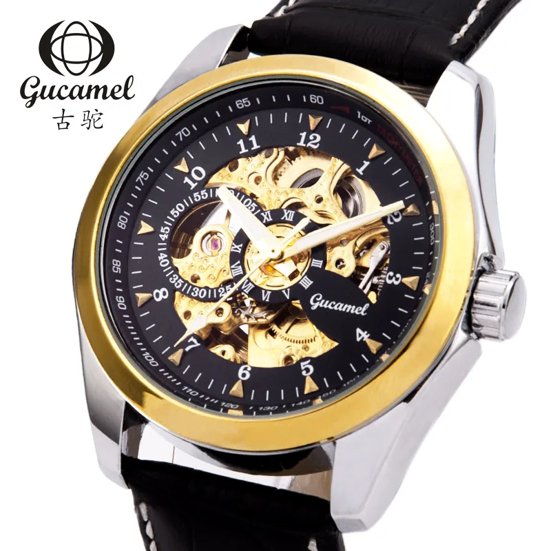 

GUCAMEL Mens Watches Top Automatic Mechanical Watch Skeleton Clock Male Leather Military Business Retro Wristwatches for Men