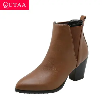 

QUTAA 2020 New Autumn Winter Sexy Pointed Toe Slip on Concise Ankle Boots Thick Heel PU Leather Fashion Women Shoes Size 34-43