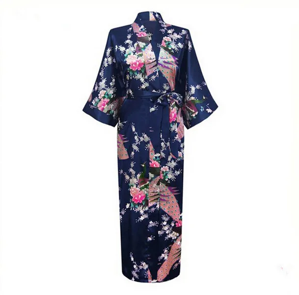 

Long Style Women Satin Nightgown Bathrobe Sleepwear Brides Wedding Robe Dress Print Peacock&Flower Kimono Gown Plus Size XXXL