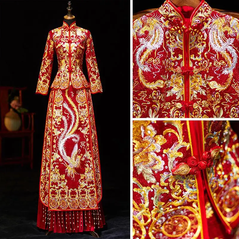 Свадебное платье невесты со стразами Cheongsam Феникс Женская старинная Тан одежда ручной работы Qipao бисер классический свадебный костюм