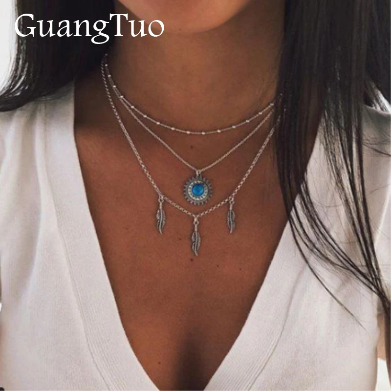 

NK146 European Fashion Vintage Sun Flower Pendant Necklace Feather Pendant Multi-layer Clavicle Chain Female ras de cou Collares