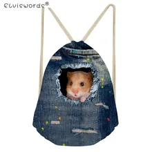 ELVISWORDS Small Women Drawstring Bag Cute 3D Denim Animal Cat Dog Printed Sport Female Drawstring Backpacks Travel Storage Bag