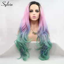 Sylvia Ombre Синтетические волосы на кружеве парик розовыми волосами синтетический зеленые парики с темно-корень длинные волнистые парик жаропрочных Косплэй парики 180% Плотность