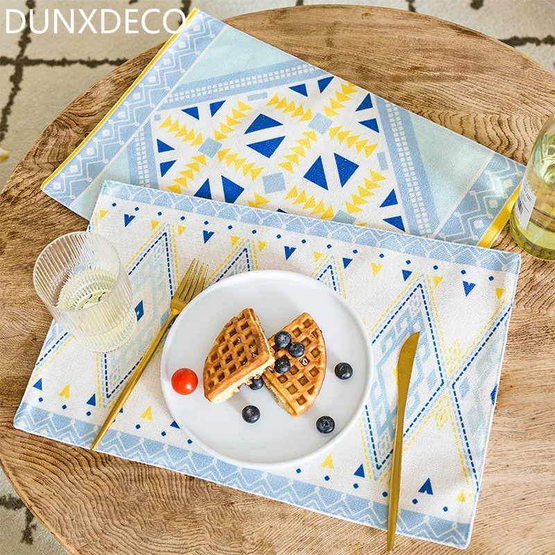 

DUNXDECO Table Placemat Dinner Party Plate Mat Linen CottonTablecloth Fresh Blue Yellow Bohemia Geometric Print Desk Decor 2PC