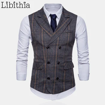 

Men's Formal Plaid Suit Vest High Quality Double-breasted Big Size M-4XL Luxury Waistcoat Men Dark Grey Coffee T055