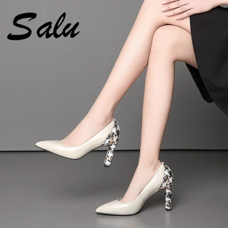 

Salu 2019 Genuine leather women pumps pointed toe thick high heels spring autumn patent pu leather ladies office lady shoes