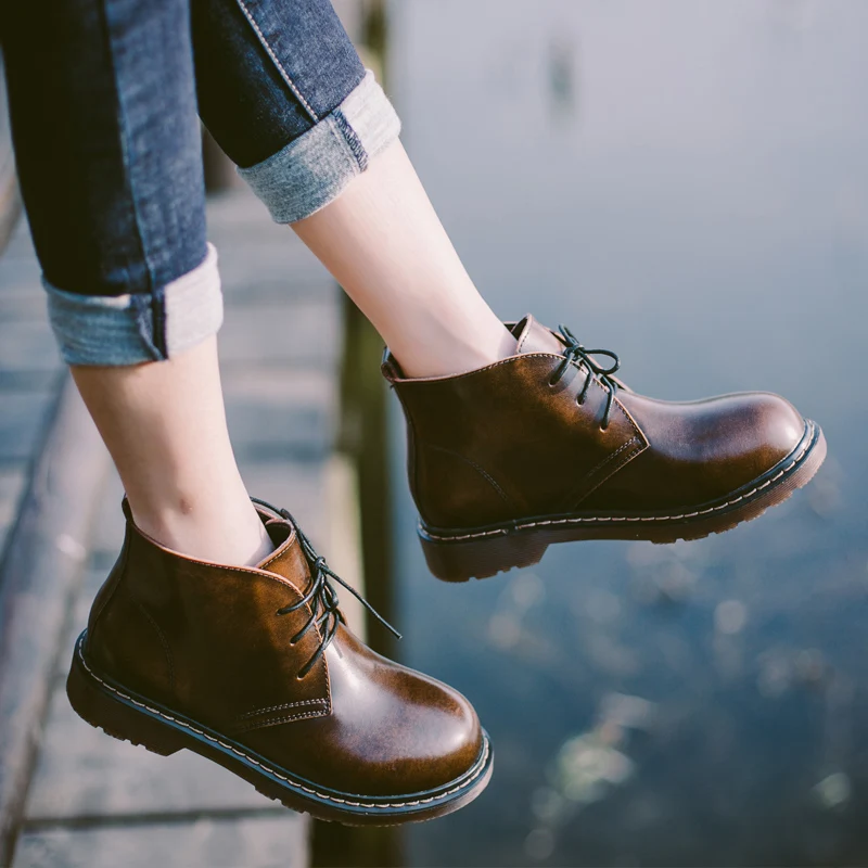 

2018 New Autumn Women Boots Genuine Leather Ankle Boots for Women Vintage Lace up Low Heels Shoes Woman Bota Feminina