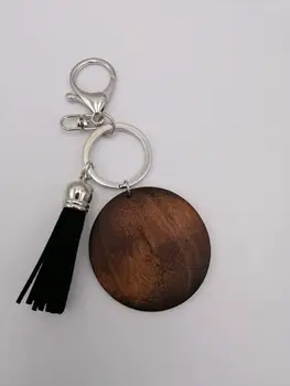 

100pcs/lot new arrival wood disc keychains with black tassel monogram personalize good quality wooden disc key ring