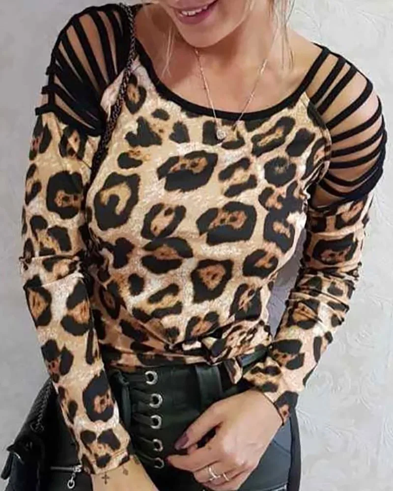 

Women Hollow Sexy Off Shoulder Shirts Pullovers Female Ladies Full Sleeve O Neck Silm Leopard Tops