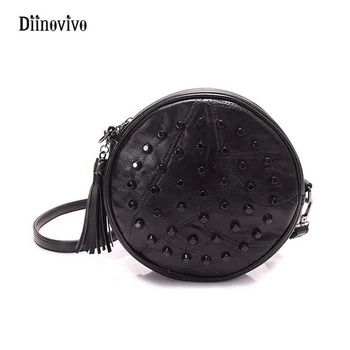 

DIINOVIVO Punk Style Women Tassel Handbag Vintage Rivet Circular Bags Fashion Rock Designer Female Small Casual Purse WHDV0150