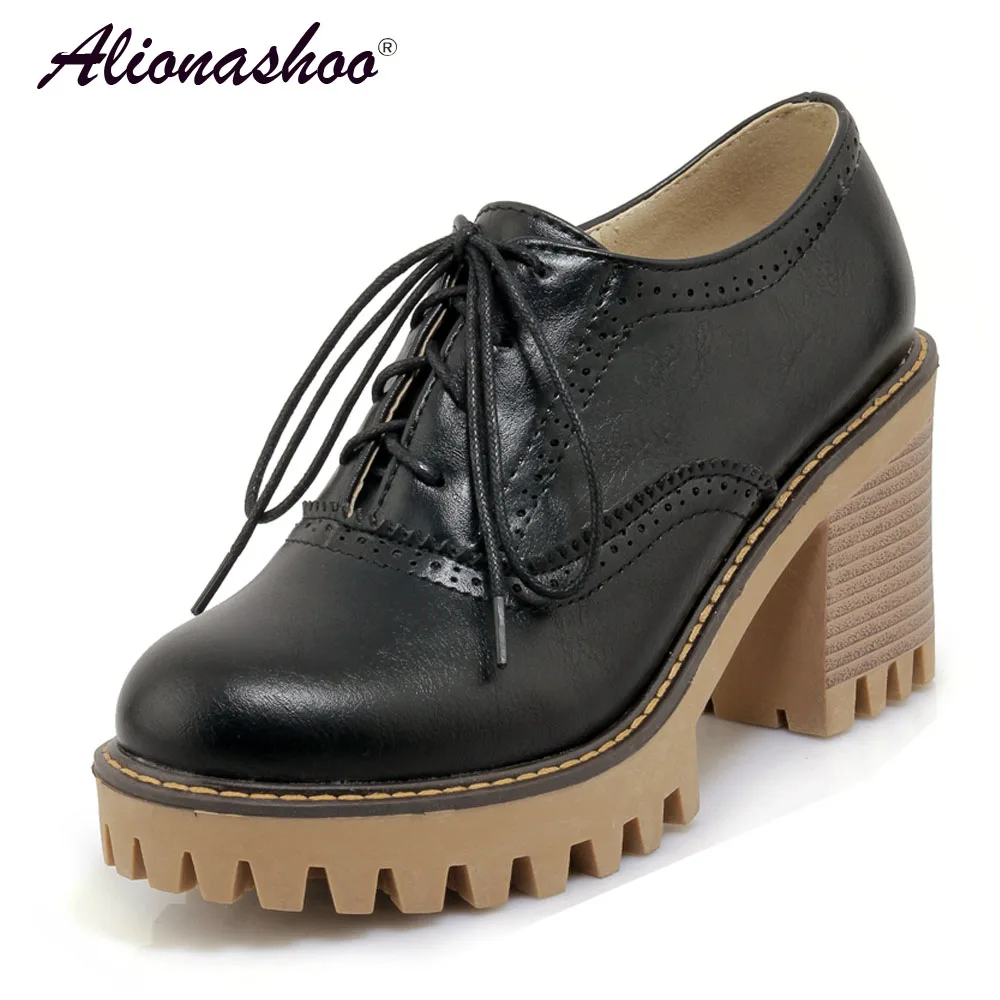 

2019 Spring Black Cross-tied Round Toe Brogues Shoes Women Autumn Platform Thick High Heels Fashion Pu Leather Women Shoes