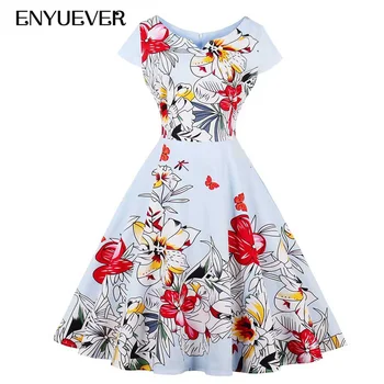 

Enyuever Vintage Rockabilly Dress Cotton Floral Print Robe Retro Swing Casual Summer Dress Plus Size Women Clothing Vestidos