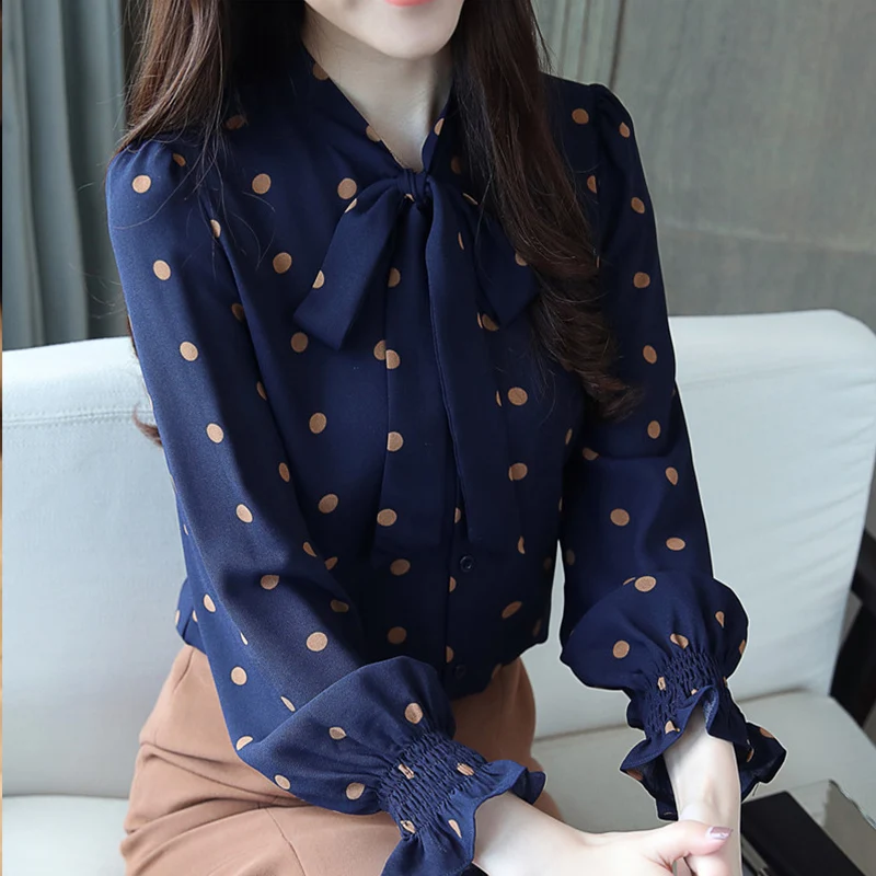 

long sleeve women blouse shirt fashion 2018 chiffon women's clothing sweet stand neck dot feminine tops blusas NS4147