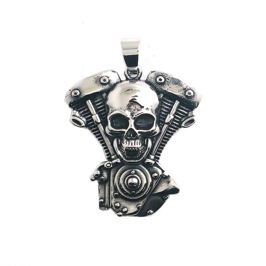 

Biker 316L Stainless Steel Silver Big Engine Motorcycle Skull Pendant Newest