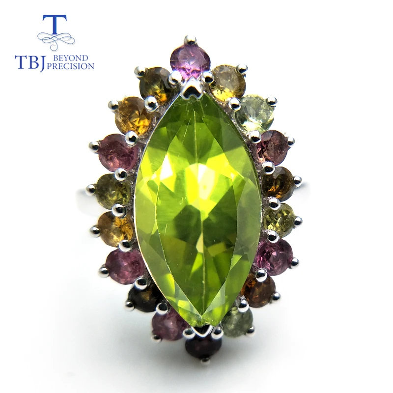 Tbj, блестящее роскошное кольцо с натуральным драгоценным камнем, Зеленый Перидот, необычный цвет, турмалин, ювелирные украшения, серебро 925