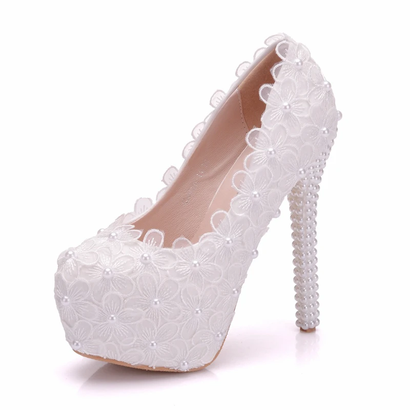 PLatforms High 14cm Heeled White Beading Lace Wedding Shoes Woman ...