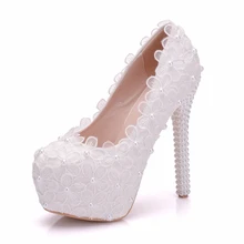 PLatforms High 14cm Heeled White Beading Lace Wedding Shoes Woman Handmade Luxury Lace Flower Bridal Brides Party Shoes XY-A0324 plus size 34 40 fashion lace wedding shoes white for women handmade bridal shoe comfortable heel platforms brides shoes