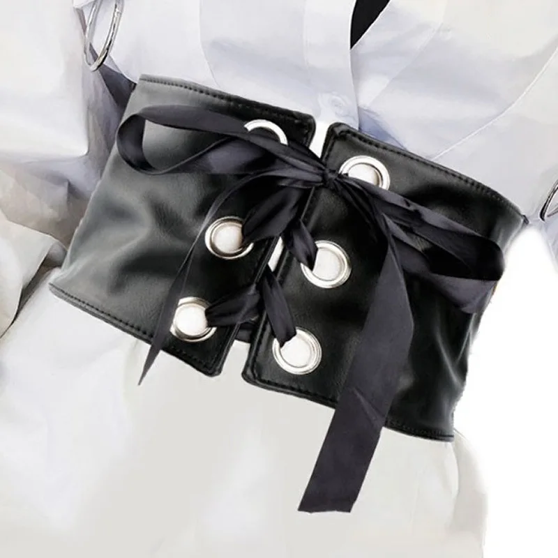 

2019 Vintage Women Black Grommet Corset Belts for Women Lace Up Cummerbunds PU Waist Belt Ladies Dress Waistband Cinturon Mujer
