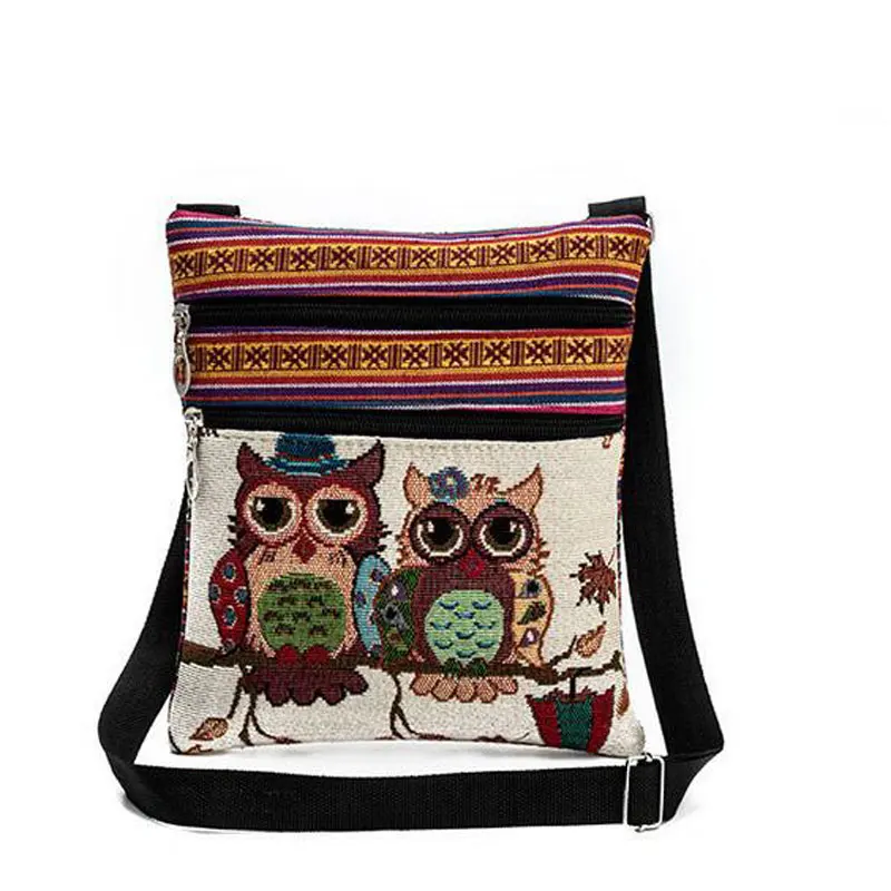 

Women Double Zipper Female Mini Flap Shoulder Handbags Cartoon Owl Printed Canvas Bags Female Small Shoulder Messenger Bags