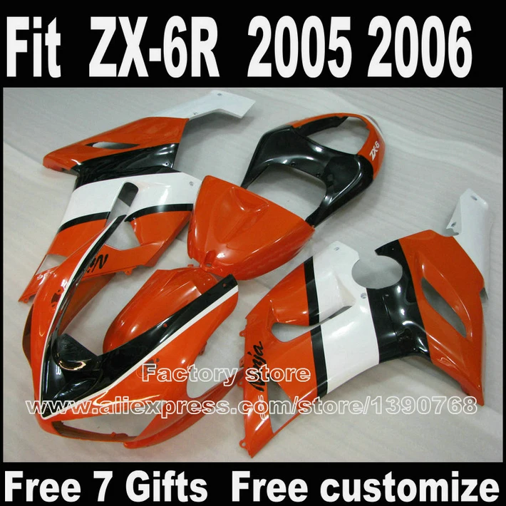 Body kit for Kawasaki ZX6R fairings 2005 2006 plastic set orange white