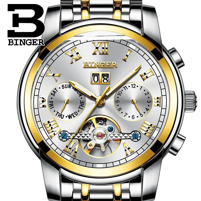 Многофункциональные механические часы Switzerland BINGER Tourbillon автоматические с