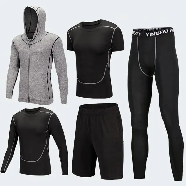 5pcs XK grey set Мужские Компрессионные спортивные костюмы, трико для спортзала, тренировочная одежда, комплект для тренировок, бега, спортивный костюм для бега, сухая посадка размера плюс - Цвет: 5pcs XK grey set