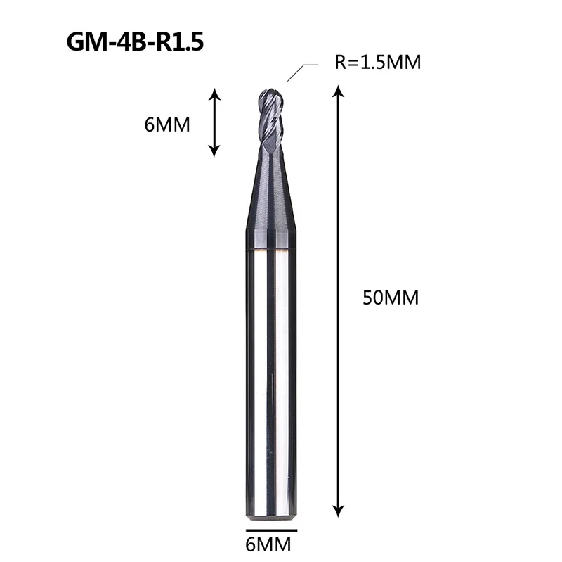 1 шт. GM-4B твердого карбида вольфрама 4 флейты сферическая Концевая фреза с ЧПУ Фрезерный резак режущие инструменты для обработки металла профиль HRC45 - Длина режущей кромки: GM-4B-R1.5