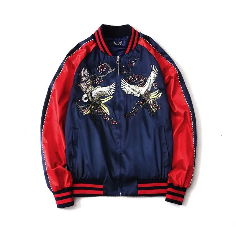 

Men/ Women Couples Yokosuka Jacket Baseball Coat Pilot Uniform Crane Embroidery Zipper Contrast Colors Jacket Cardigan Tops