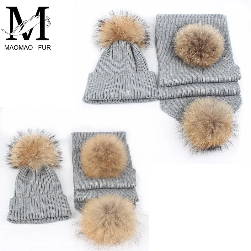 Inverno Sciarpa E Cappello Set Con Vero Grande Pelliccia di Procione Pon Pon  di Modo delle donne Cappello di Pelliccia Bambini Carino Pelliccia Sciarpa  Genitore bambino Sciarpa E Cappello|scarf and hat set|hat