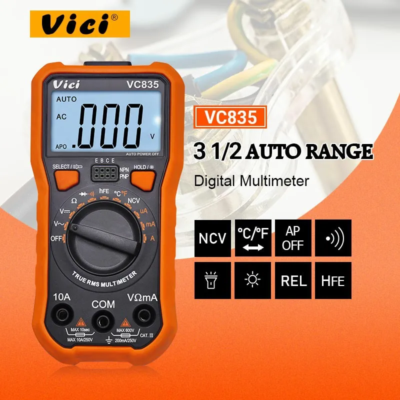 

VICI VC835 3 1/2 Digital Multimeter T-RMS multimeter auto ranging temperature tester with NCV backlight data hold flashlight