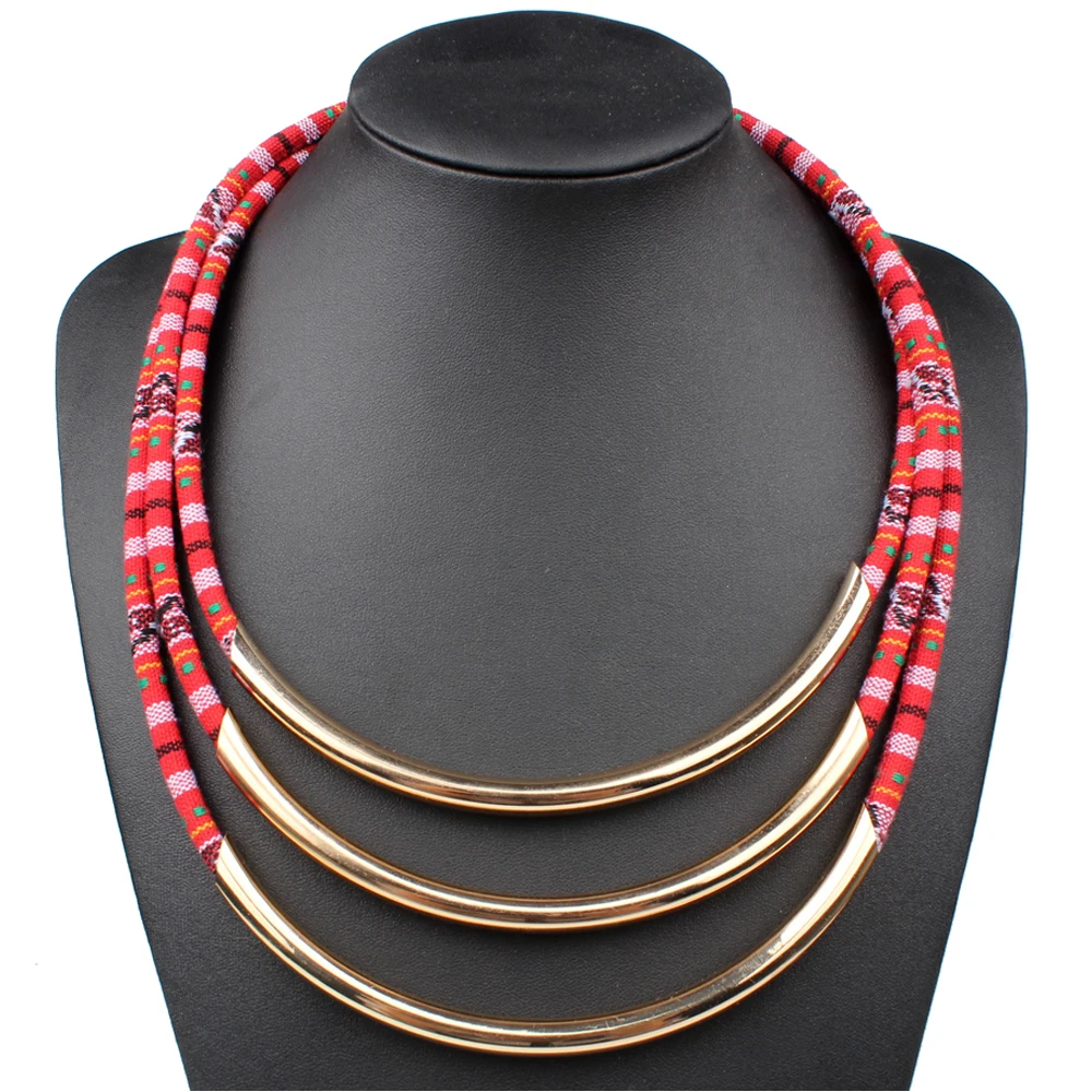 

Claire Jin Handmade Cotton Fabric Rope Necklaces Copper Tube Bohemian Ethnic Multi Layers Women Choker Jewelry 26 Colors