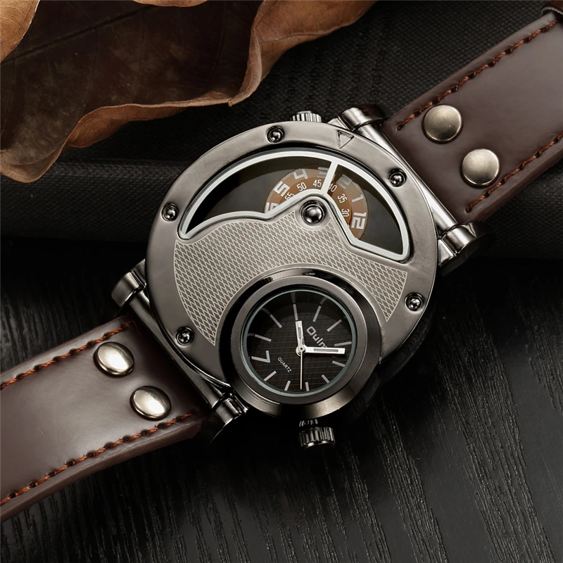 Oulm спортивные наручные часы с двумя часовыми поясами, военные армейские мужские повседневные кварцевые часы из искусственной кожи с ремешком под старину