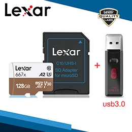 Lexar 667x Micro SD tf-карта с адаптером, устройство для чтения карт памяти Micro 64 ГБ, 128 ГБ, 256 ГБ, U3, V30, A2, SDXC, UHS-I для беспилотных спортивных видеокамер - Емкость: 128GB-C396