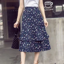 Женская новая модная узкая юбка средней длины с цветочным принтом, многослойная юбка с оборками, женская шифоновая повседневная юбка